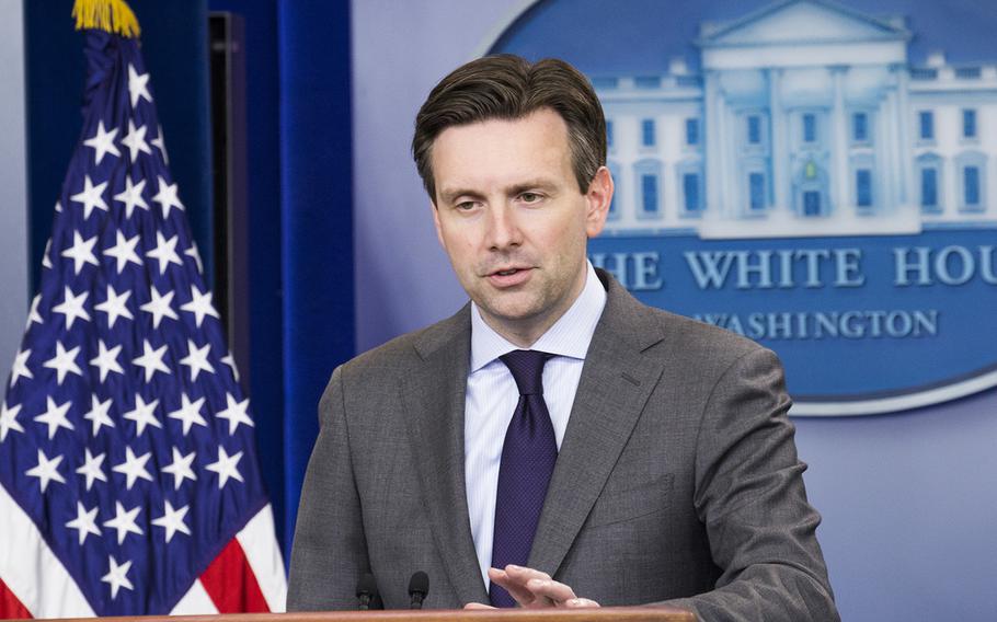 Pentagon Press Secretary Peter Cook briefs the media at the White House on Apr. 27, 2016.