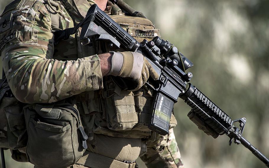 A U.S. soldier assigned to the 10th Mountain Division provides security during a mounted patrol outside of Camp Fenty, Afghanistan, on Feb. 25, 2016.