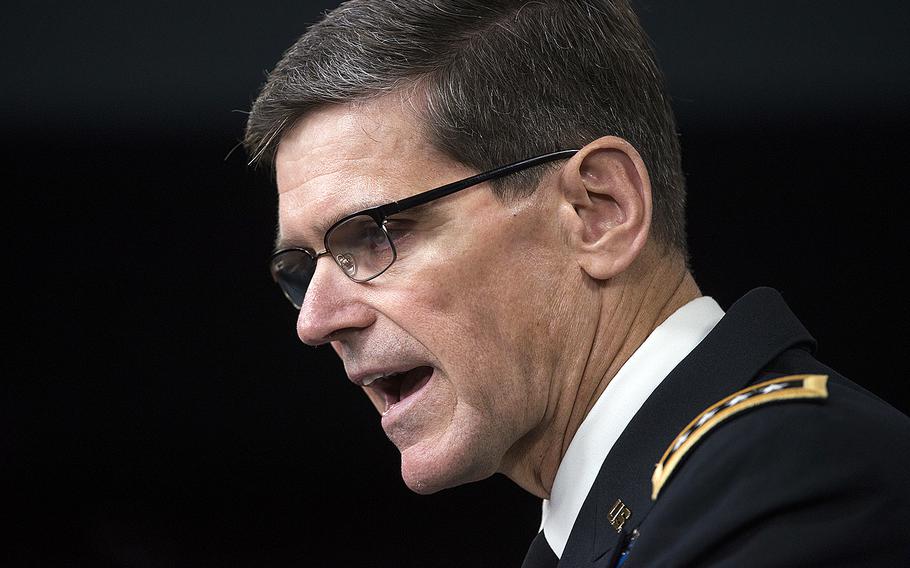 Army Gen. Joseph Votel, Commander of U.S. Central Command, gives a briefing at the Pentagon on April 29, 2016.