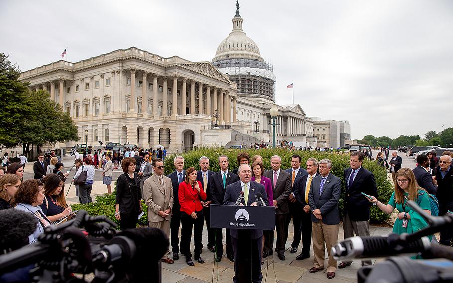 House Majority Whip Steve Scalise, R-La., accompanied by Republican members of the House on Capitol Hill in Washington, on Thursday, May 19, 2016, urges the passage of the National Defense Authorization Act.