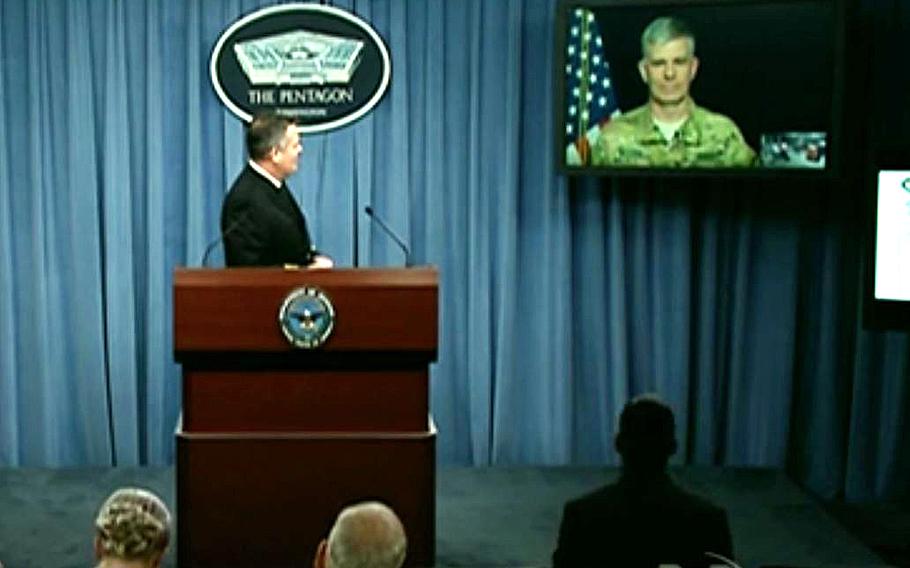 Army Col. Steve Warren, Operation Inherent Resolve spokesperson, gives a video briefing at the Pentagon, May 13, 2016. In a similar video briefing Tuesday, May 24, Warren said that several thousand fighters from the Syrian Democratic Forces were "moving on Raqqa now."