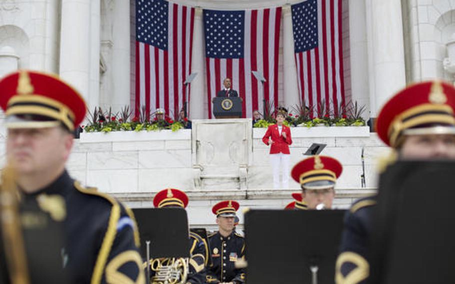 President Barack Obama speaks in the Memorial Amphitheater at Arlington National Cemetery in Arlington, Va., Monday, May 30, 2016, during a Memorial Day ceremony.
