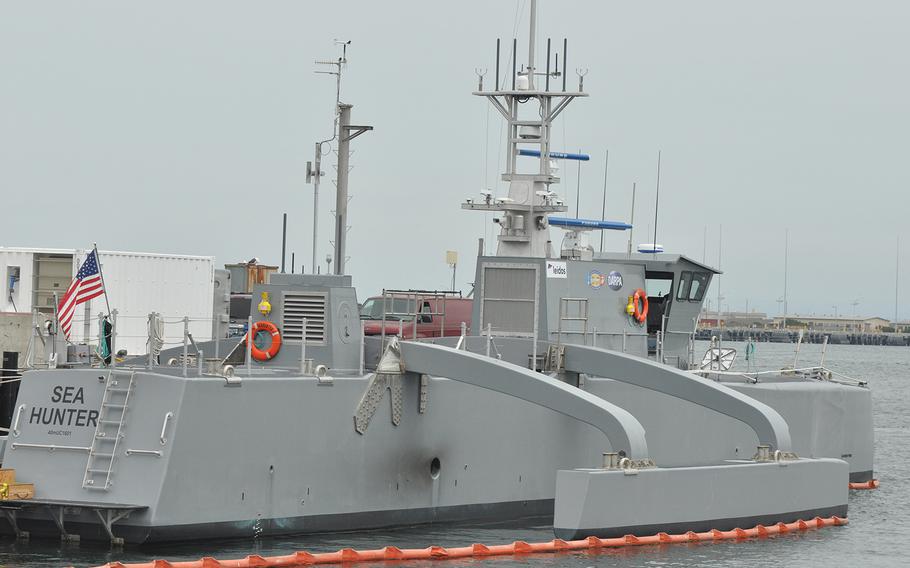 The Navy's largest unmanned vessel prototype, the Sea Hunter, sits at the pier in San Diego where it will undergo testing for the next two years. 
                