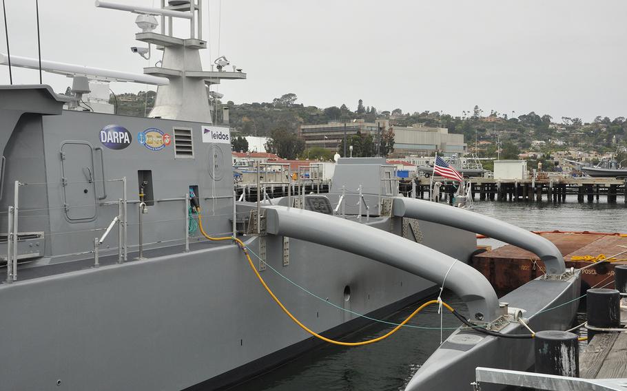 The Navy's largest unmanned vessel prototype, the Sea Hunter, sits at the pier in San Diego where it will undergo testing for the next two years. 
                