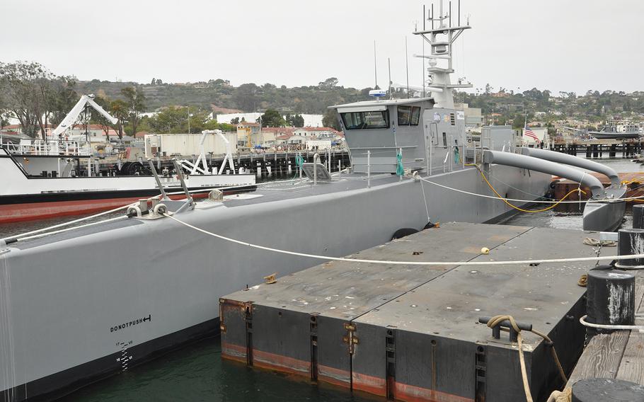 The Navy's largest unmanned vessel prototype, the Sea Hunter, sits at the pier in San Diego where it will undergo testing for the next two years. 