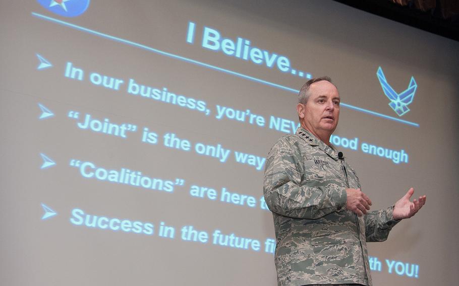 General Mark A. Welsh, III, Chief of Staff of the US Air Force, addresses Air Command and Staff College class of 2016 at Wood auditorium, April 13, 2016.