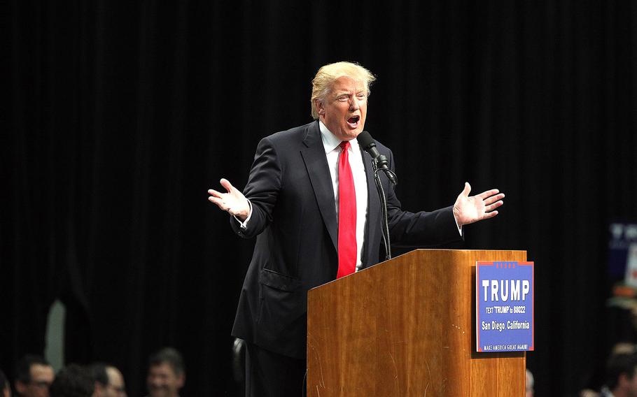 Republican presidential candidate Donald Trump speaks during a campaign rally at the San Diego Convention Center on Friday, May 27, 2016. 
                