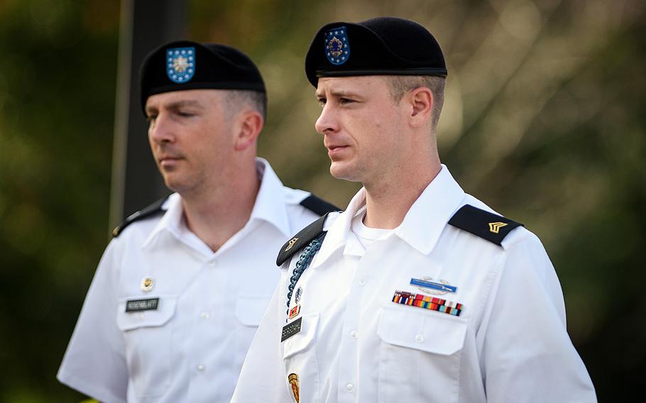 Sgt. Bowe Bergdahl, right, arrives with his military lawyer, Lt. Col. Franklin Rosenblatt, for a legal hearing at the courtroom facility on Thursday, July 7, 2016, on Fort Bragg, N.C.