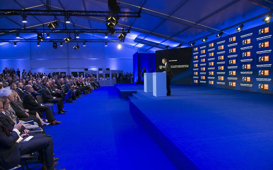 NATO Secretary General Jens Stoltenberg addresses attendees at the Warsaw Summit Experts' Forum.