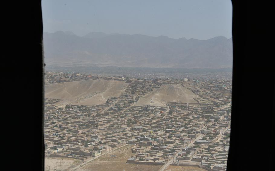 An aerial view of Kabul through the window of a helicopter on Friday, June 10, 2016.