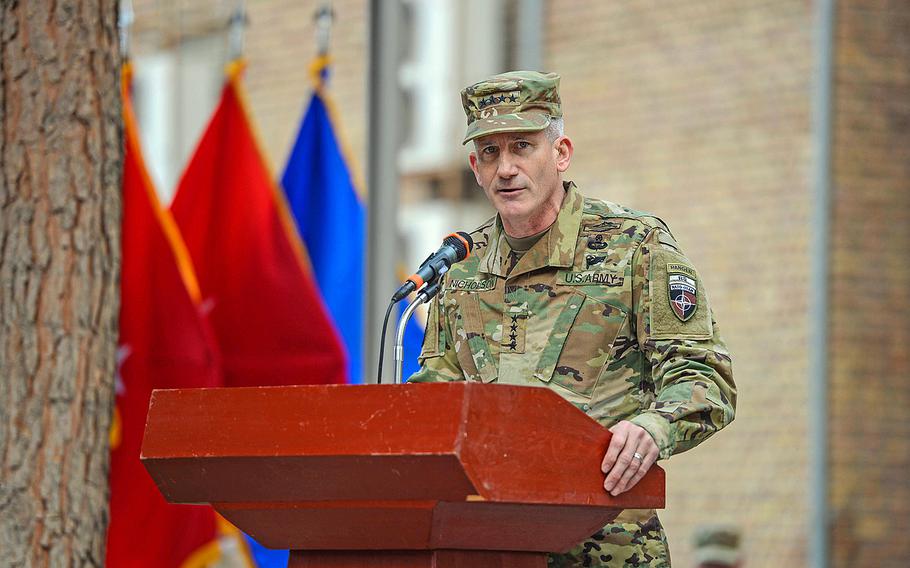 Gen. John Nicholson assumes the duties as the new commander of Resolute Support, U.S. Forces Afghanistan, in a March 2, 2016, ceremony in Kabul. 