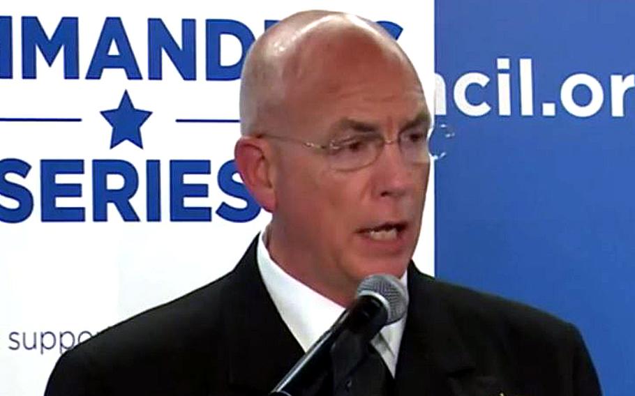 A video screen grab shows Adm. Kurt Tidd, commander of U.S. Southern Command, at the Atlantic Council in Washington, July 13, 2016, as he discussed the strategies Southern Command is using to combat international threats.