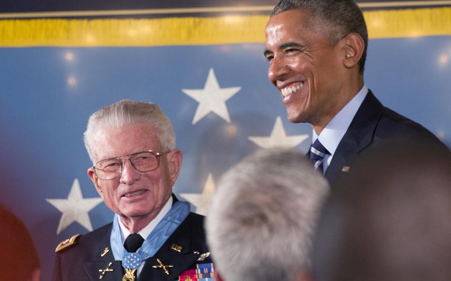 Retired Lt. Col. Charles Kettles, 86, is awarded the Medal of Honor by President Barack Obama at the White House on July 18, 2016. Kettles was a Huey helicopter pilot who rescued more than 40 soldiers who were ambushed in Vietnam in 1967.