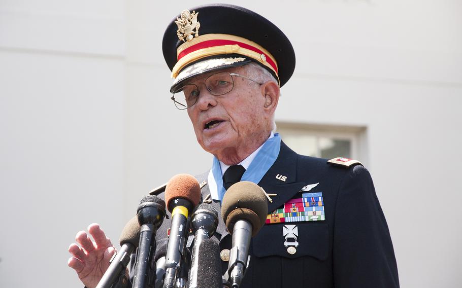 Retired Lt. Col. Charles Kettles, speaks to the media after receiving the Medal of Honor at the White House on July 18, 2016. Kettles was a Huey helicopter pilot who rescued more than 40 soldiers who were ambushed in Vietnam in 1967.