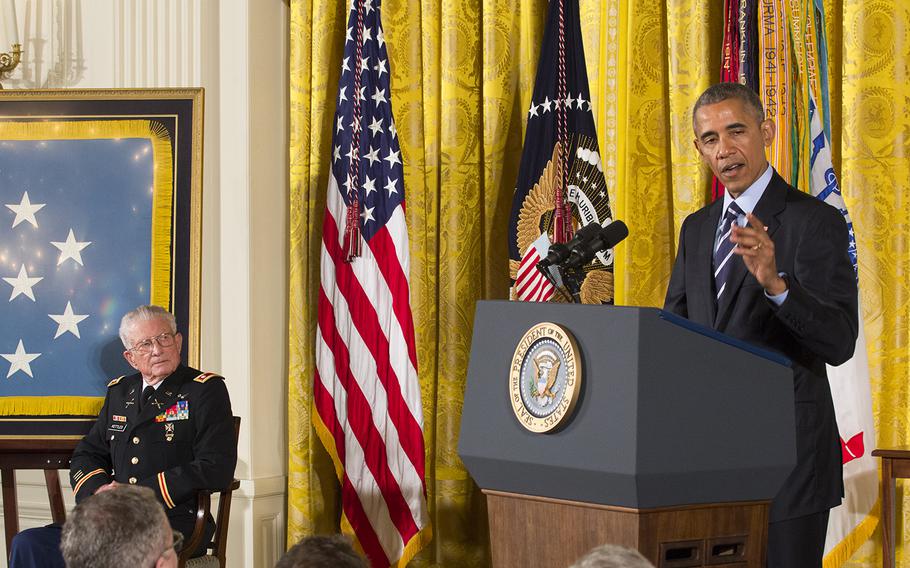 Retired Lt. Col. Charles Kettles, 86, is awarded the Medal of Honor by President Barack Obama at the White House on July 18, 2016. Kettles was a Huey helicopter pilot who rescued more than 40 soldiers who were ambushed in Vietnam in 1967.