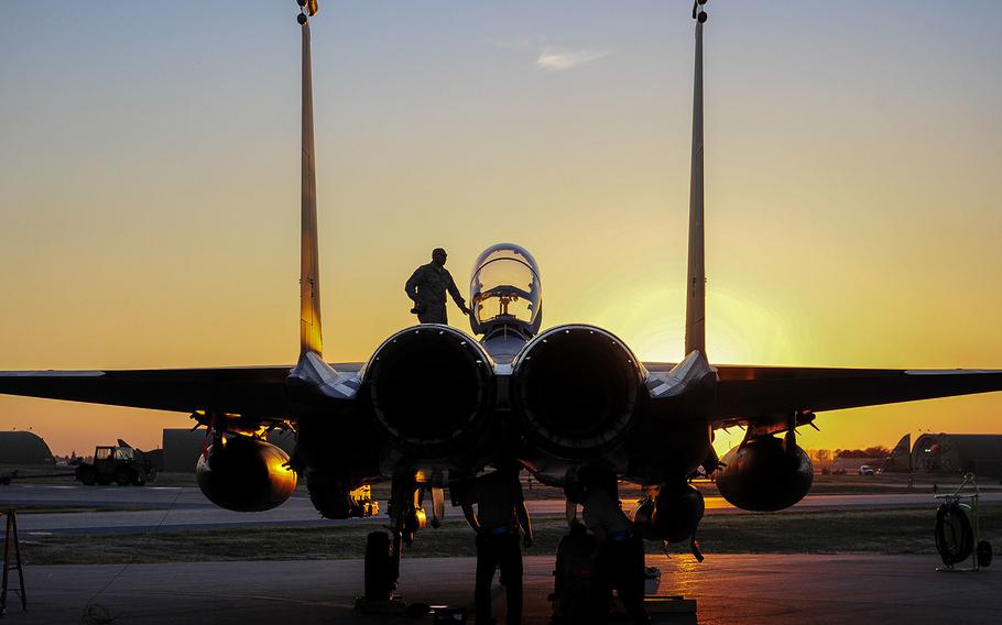 In a Nov. 12, 2015 file photo, a U.S. Air Force F-15E Strike Eagle sits after landing at Incirlik Air Base, Turkey.