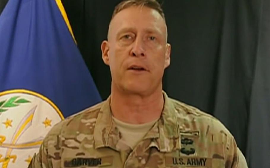 In a screen capture from a July 6, 2016 video, Operation Inherent Resolve spokesman Col. Christopher Garver talks to reporters on a teleconference.