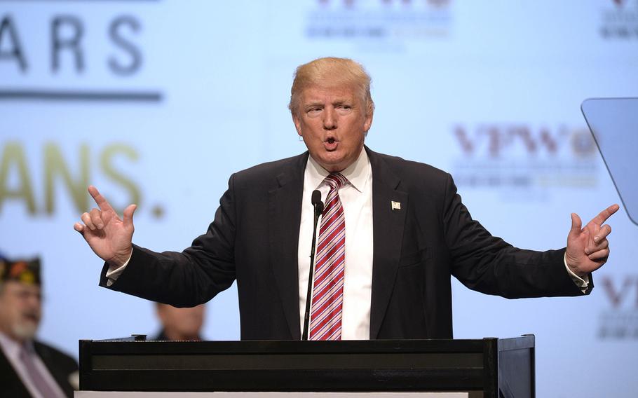 Donald Trump, the Republican presidential nominee, addresses the 117th annual VFW National Convention at the Charlotte Convention Center on Tuesday, July 26, 2016.
