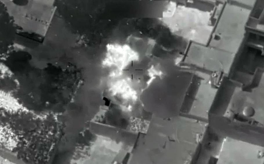 A video screen grab shows a July 11, 2016, precision air strike near Manbij, Syria, that targeted Islamic State fighters.