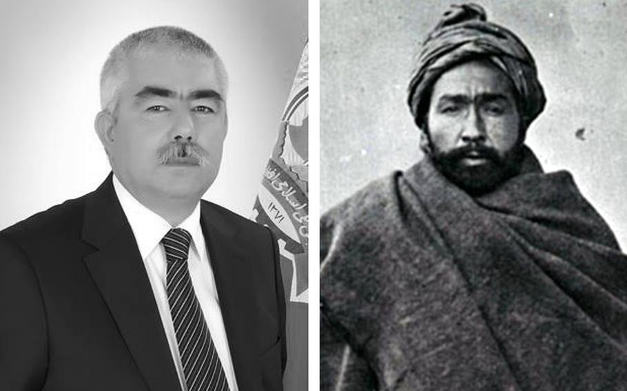 Clashes broke out in Kabul on Thursday, Sept. 1, 2016, between supporters of Afghanistan's Vice President Abdul Rashid Dostum, left, and a group trying to rebury the remains of King Habibullah Kalakani, at right, who was hanged in 1929.