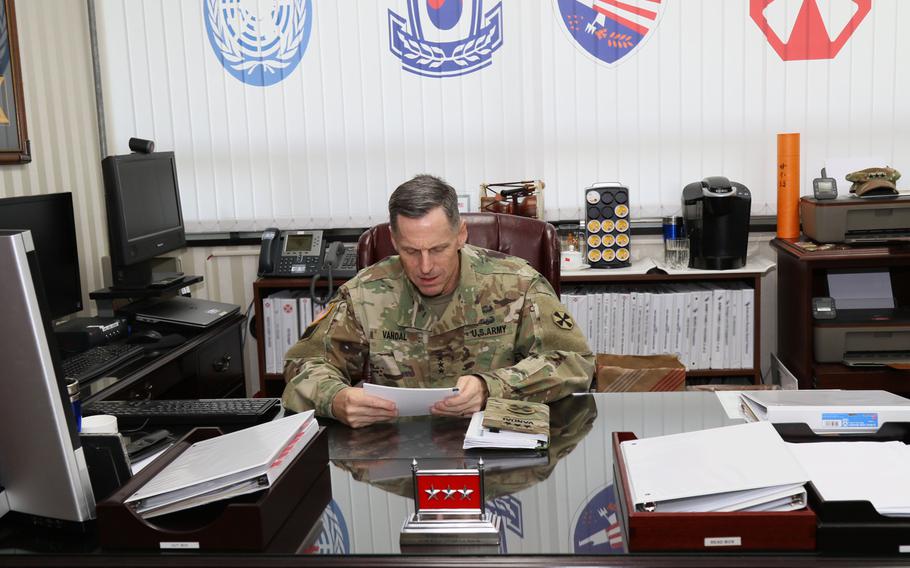 Lt. Gen. Thomas Vandal, Eighth Army commander, in his office at Yongsan, on Thursday, Sept. 22, 2016. Vandal said that the increasing threat from North Korea means decisions about moving U.S. forces away from the front lines must be driven by conditions, not timelines.