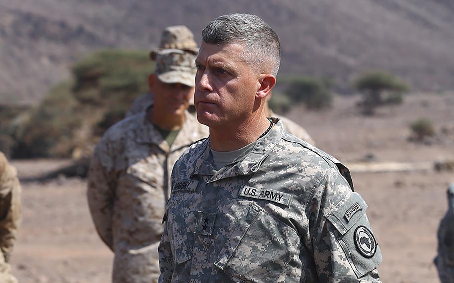 U.S. Army Maj. Gen. Wayne W. Grigsby, Jr. visits U.S. Marines with the 11th Marine Expeditionary Unit (MEU), for the celebration of the United States Marine Corps' 239th birthday in D'Arta Plage, Djibouti, Nov. 10, 2014.