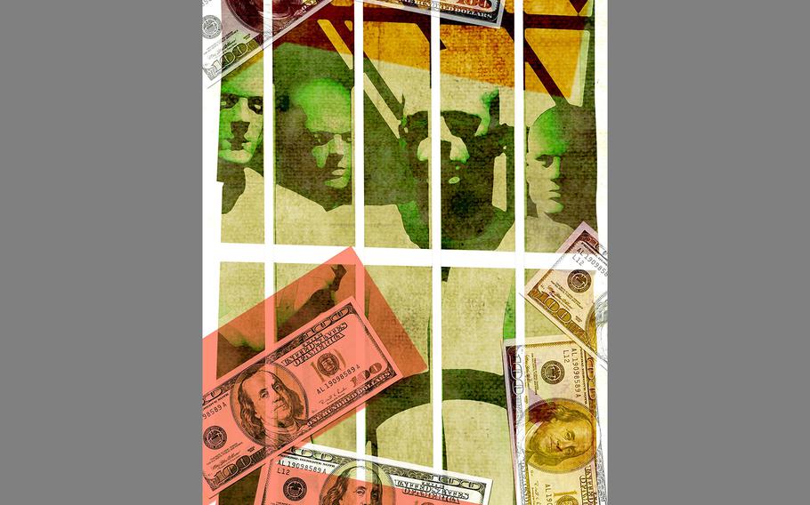 An illustration depicts the cost associated with jailing prisoners. In testimony Tuesday, Sept. 27, 2016, during a congressional hearing on Capitol Hill in Washington, D.C., a Veterans Affairs official said the VA is billing veterans who received benefits while incarcerated when they were not entitled to the benefits.