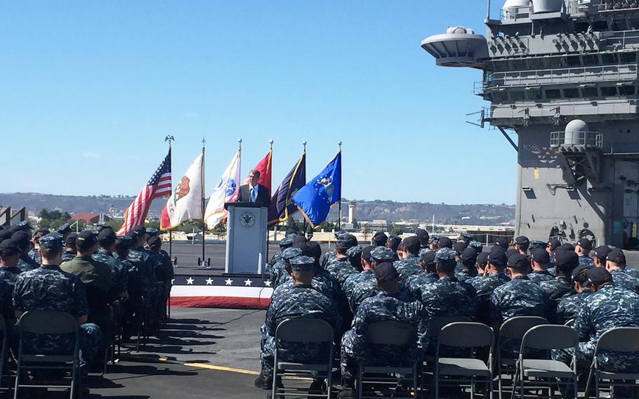Secretary of Defense Ash Carter speaks to sailors aboard the USS Carl Vinson in San Diego on Sept. 29, 2016.