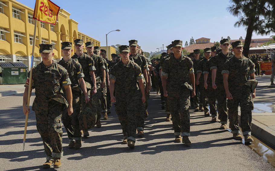 Recruits from Fox Company, 2nd Recruit Training Battalion, march back to their squad bay after getting their hair cut at Marine Corps Recruit Depot San Diego, Oct. 25, 2016. Annually, more than 17,000 males recruited from the Western Recruiting Region are trained at MCRD San Diego.