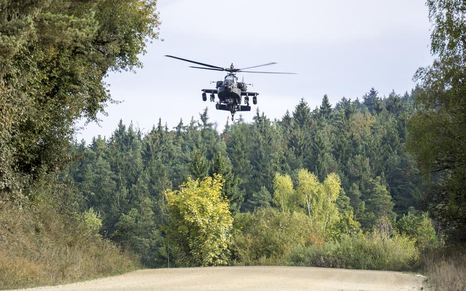 An Apache helicopter maneuvers to provide fire support at Hohenfels training area, Germany, during Allied Spirit V, Oct. 10, 2016.