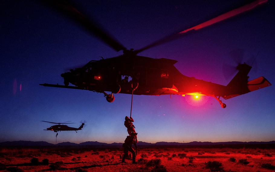 Members from the U.S. Air Force 24th Special Tactics Squadron, Fort Bragg, complete helo, fast rope and hoisting training during exercise Advanced Guard, Holloman Air Force Base, N.M., April 14, 2014. Advanced Guard is a multimillion dollar exercise spanning across the states to train special operators to conduct joint operations.