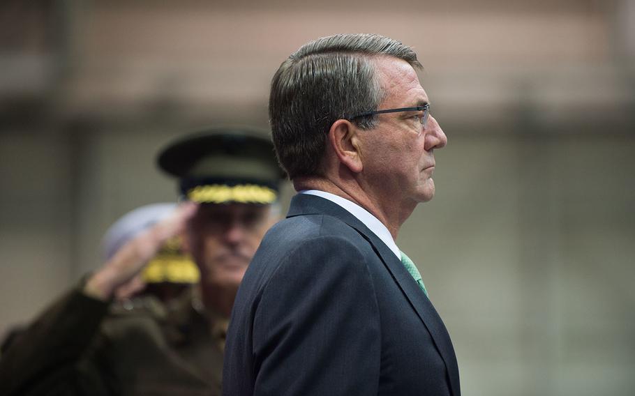 Secretary of Defense Ash Carter leads the Strategic Command change of command ceremony in the Allman Facility on Offutt Air Force Base, Ne., Nov. 3, 2016.
