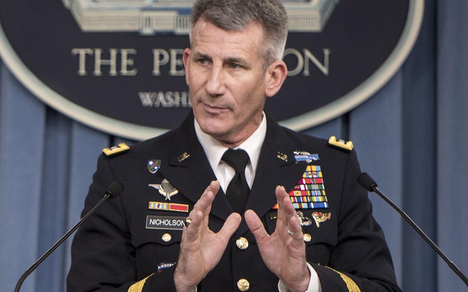 Gen. John Nicholson, the Resolute Support and United States Forces-Afghanistan commander, briefs reporters on Dec. 2, 2016, at the Pentagon.
