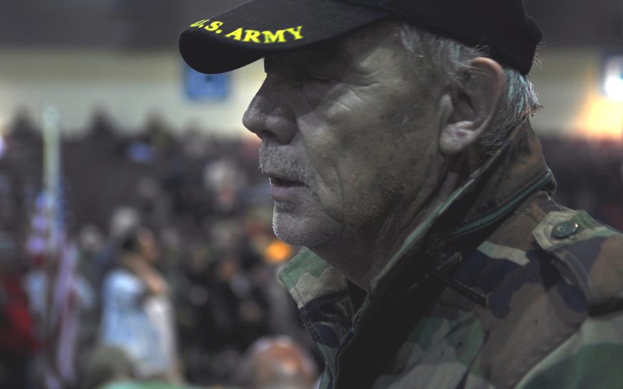 Bart Tippets, a Vietnam War veteran from Utah, pauses during a speech Monday, Dec. 5, 2016 in front of hundreds of other veterans. He said he joined the Veterans for Standing Rock movement because of its message of nonviolence. 