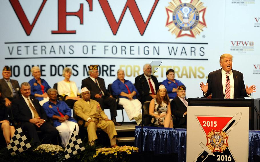 In a July, 2016 file photo, candidate Donald Trump addresses the 117th annual VFW National Convention at the Charlotte, N.C. Convention Center.