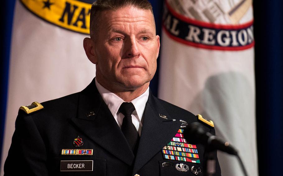 Army Maj. Gen. Bradley A. Becker, commander of Joint Task Force-National Capital Region, takes questions Dec. 14, 2016, at the Washington D.C. National Guard Armory about the military's role in the upcoming presidential inauguration.