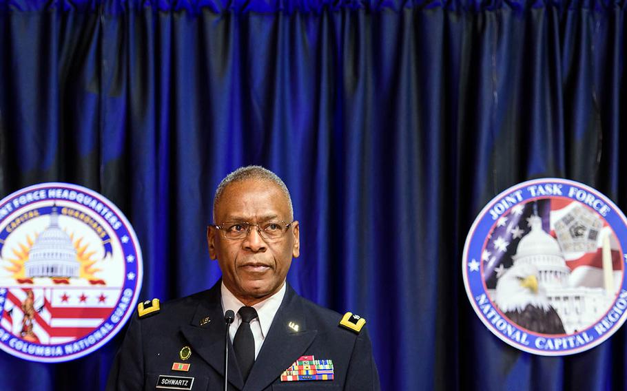 Army Maj. Gen. Errol R. Schwartz, commander of the District of Columbia National Guard, speaks Dec. 14, 2016, at the Washington D.C. National Guard Armory about the role 8,000 National Guardsmen will serve in the Jan. 20 presidential inauguration.