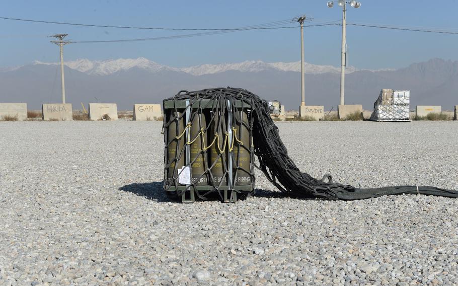Rigged ammunition sits at the sling load yard at Bagram Air Field on Dec. 5, 2016. It's one of a number of essential items routinely sling loaded and transported to smaller bases in Afghanistan that lack airfields.