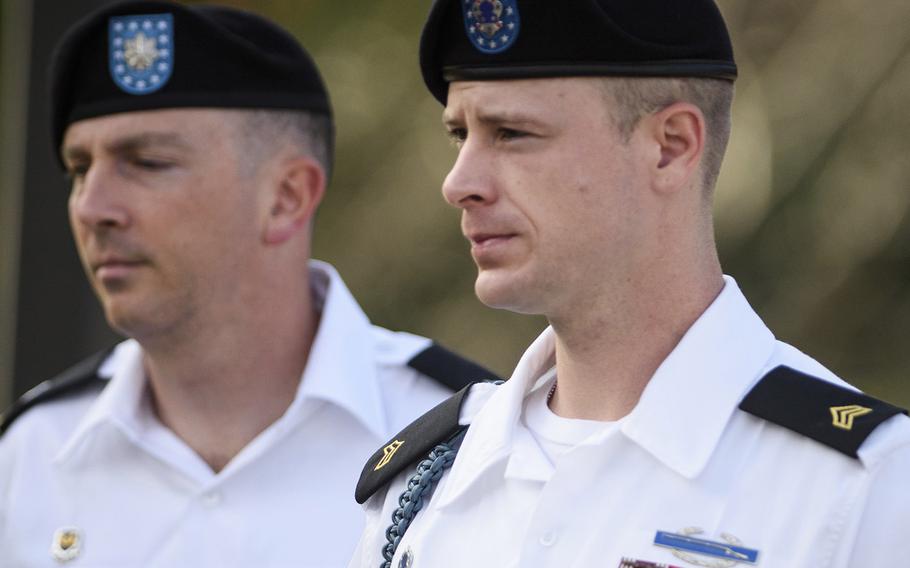 In a July 7, 2016 file photo, Sgt. Bowe Bergdahl, right, arrives with his military lawyer, Lt. Col. Franklin Rosenblatt, for a legal hearing at the courtroom facility, on Fort Bragg, N.C.
