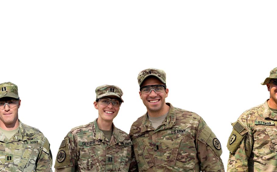 Siblings serving downrange from left: Maj. Pete Erickson, Capt. Paul Erickson, Capt. Grace Geiger, 1st Lt. Joe Geiger, Staff Sgt. Mark Szyman and Staff Sgt. Nicholas Szyman.