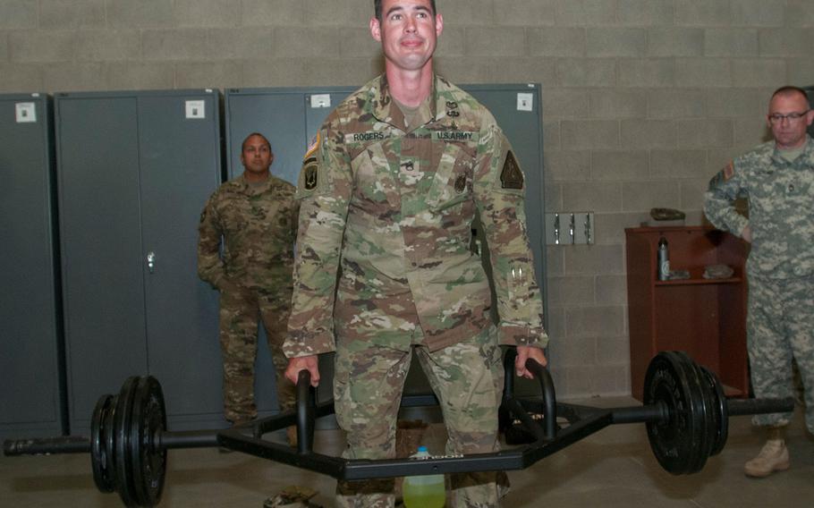 U.S. Army Staff Sgt. Benjamin Rogers, assigned to the Recruiting and Retention Battalion, performs the strength dead lift portion of the Operational Physical Assessment Test (OPAT) during annual training at Camp Ethan Allen Training Center, Jericho, Vt., June 1, 2016. 
