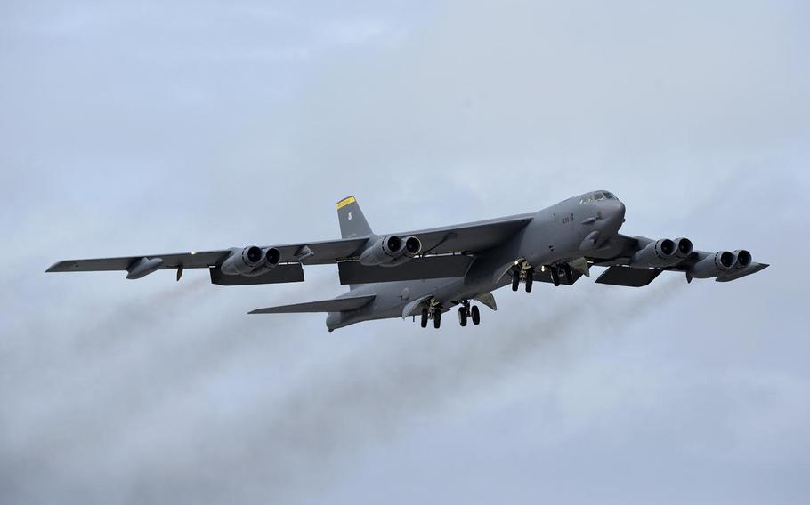 A U.S. Air Force B-52 Stratofortress takes off from Andersen Air Force Base, Guam, after a short deployment Dec. 17, 2016. 