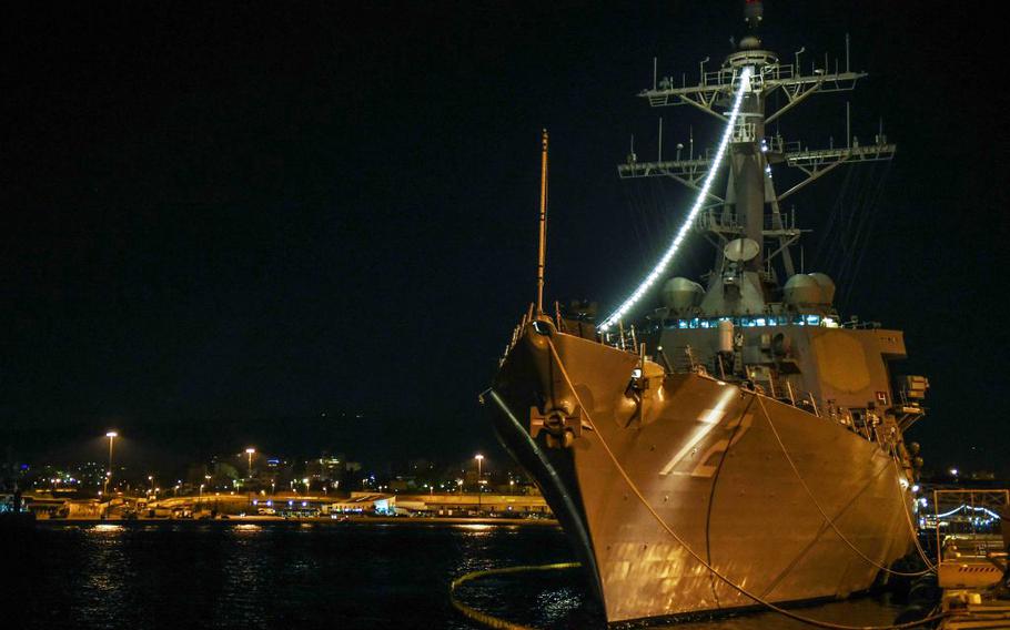 The Arleigh Burke-class guided-missile destroyer USS Mahan is shown moored in Piraeus, Greece, on Dec. 11, 2016.
