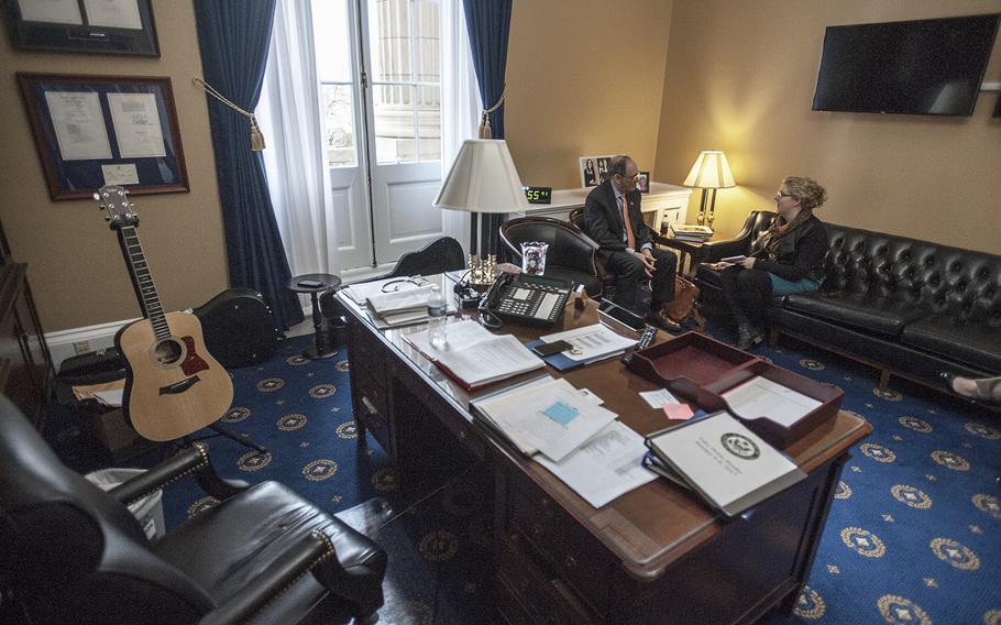 Rep. Phil Roe, R-Tenn., speaks with Stars and Stripes reporter Nikki Wentling about his role as the newly designated chairman of the House Committee on Veterans' Affiairs in his office on Capitol Hill in Washington, D.C., on Thursday, Jan. 12, 2017.