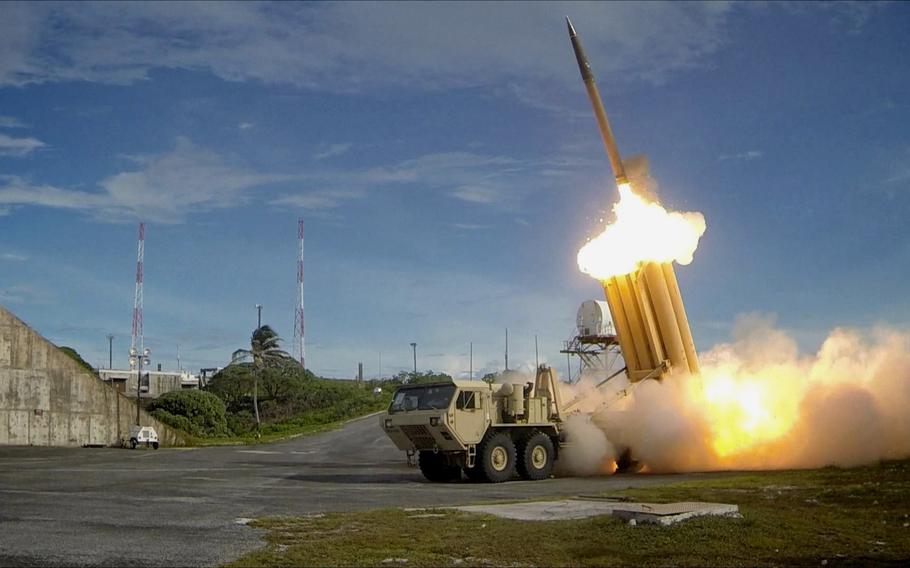 The first of two Terminal High Altitude Area Defense interceptors is launched during a successful intercept test. 