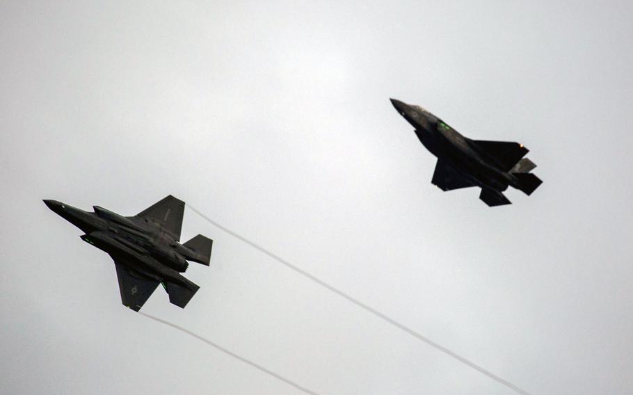 Two F-35B Lightning II aircraft with Marine Fighter Attack Squadron (VMFA) 121, prepare to land at Marine Corps Air Station Iwakuni, Japan, Jan. 18, 2017. VMFA-121 conducted a permanent change of station to MCAS Iwakuni, from MCAS Yuma, Ariz., and now belongs to Marine Aircraft Group 12, 1st Marine Aircraft Wing, III Marine Expeditionary Force. The F-35B Lightning II is a fifth-generation fighter, which is the world’s first operational supersonic short takeoff and vertical landing aircraft. The F-35B brings strategic agility, operational flexibility and tactical supremacy to III MEF with a mission radius greater than that of the F/A-18 Hornet and AV-8B Harrier II in support of the U.S. – Japan alliance.
