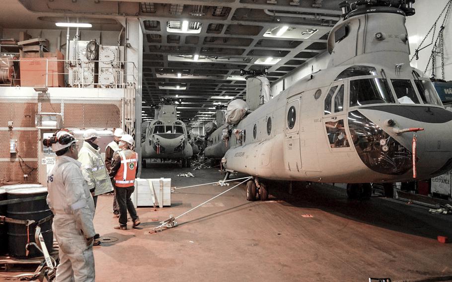 The 10th Combat Aviation Brigade unloading helicopters and support equipment at the seaport of debarkation in Antwerp, Belgium, on Wednesday, Feb. 8, 2017.
Photo Courtesy U.S. Army