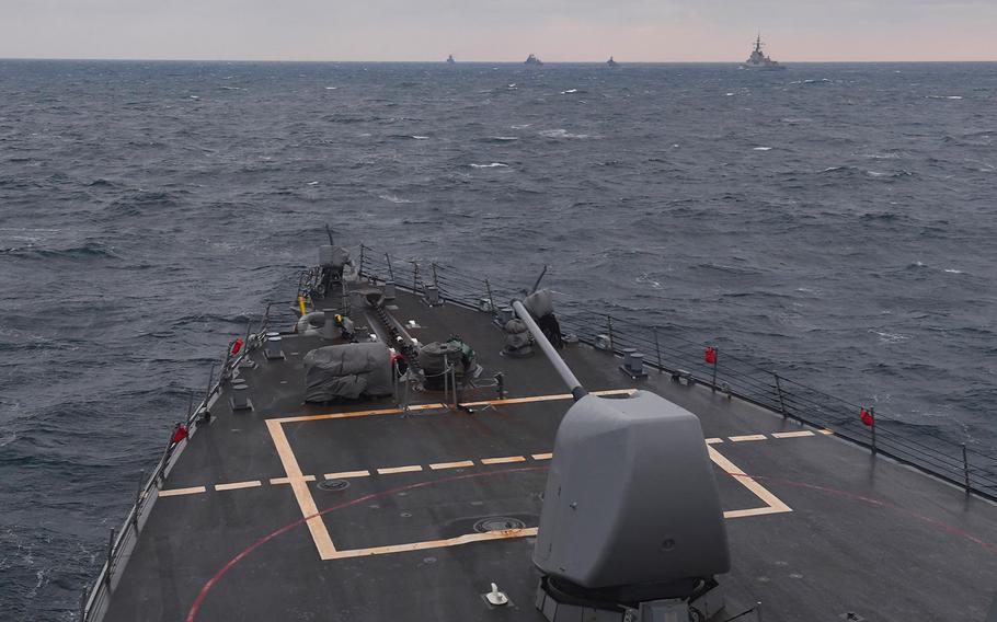 The guided-missile destroyer USS Porter (DDG 78) conducts a sail pass with other participating ships during exercise Sea Shield 2017 in the Black Sea.