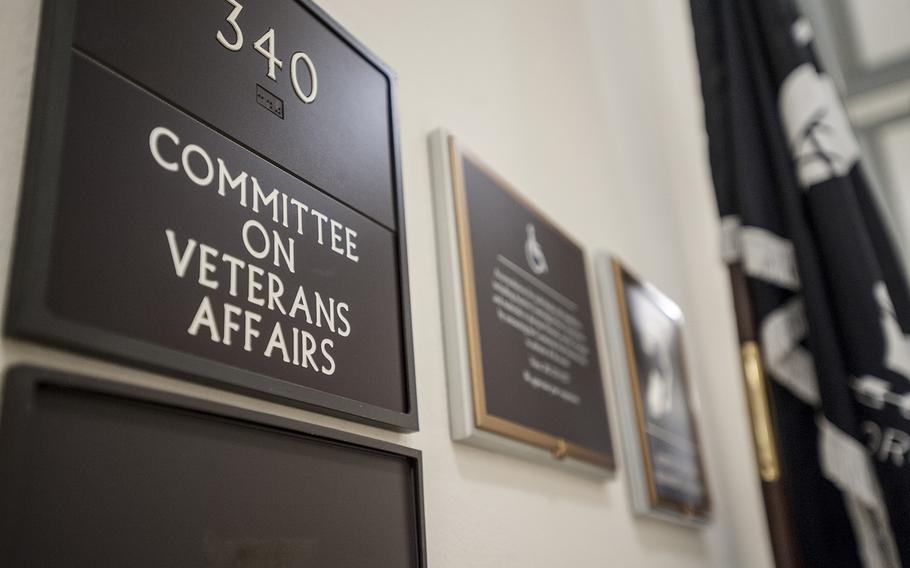 Outside the hearing room for the House Committee on Veterans Affairs at the Cannon Building on Capitol Hill in Washington, D.C., on Thursday, Feb. 16, 2017.