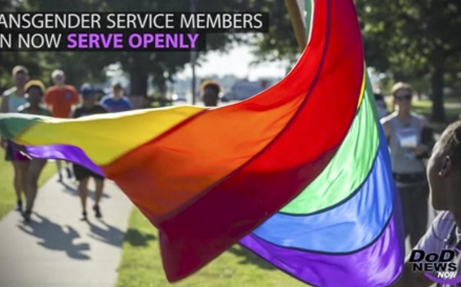 A screen grab shows a clip from a Pentagon news announcement on transgender servicemembers.